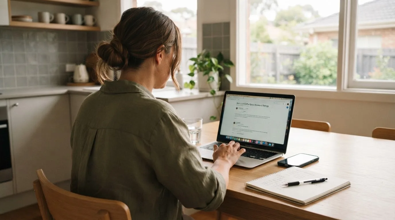 A person at a kitchen table scrolling through review pages on a laptop, phone face-down beside them.