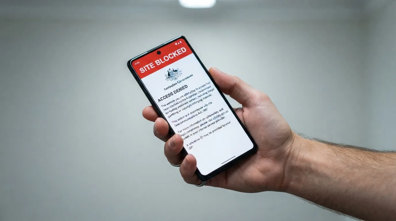 A smartphone screen showing a plain government warning notice about a blocked website, held against a blurred background.