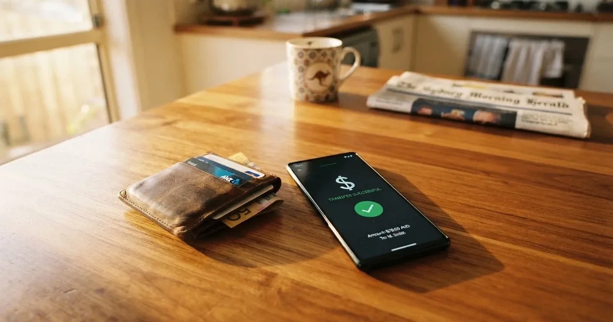 A phone screen showing a bank transfer confirmation, held next to a wallet on a table.