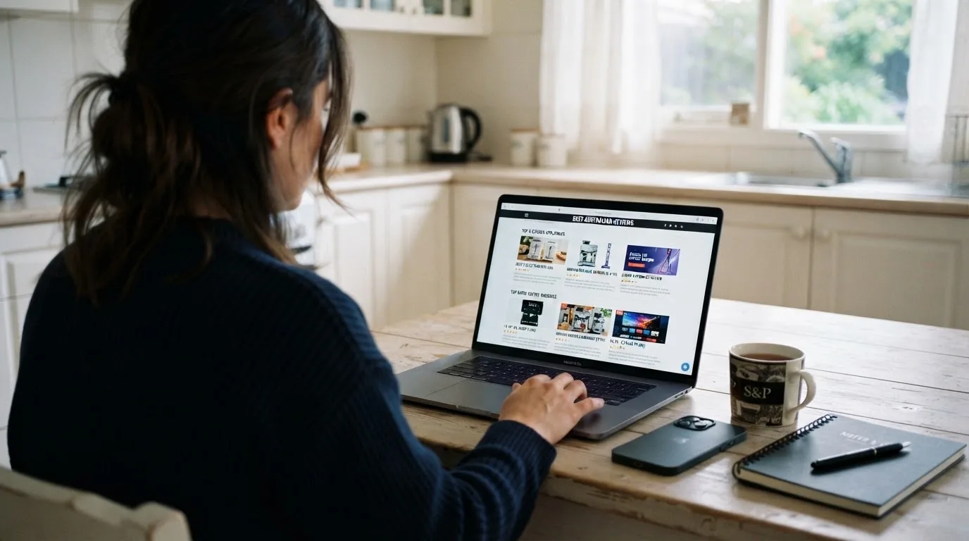 A person at a kitchen table scrolling through review pages on a laptop, phone face-down beside them.