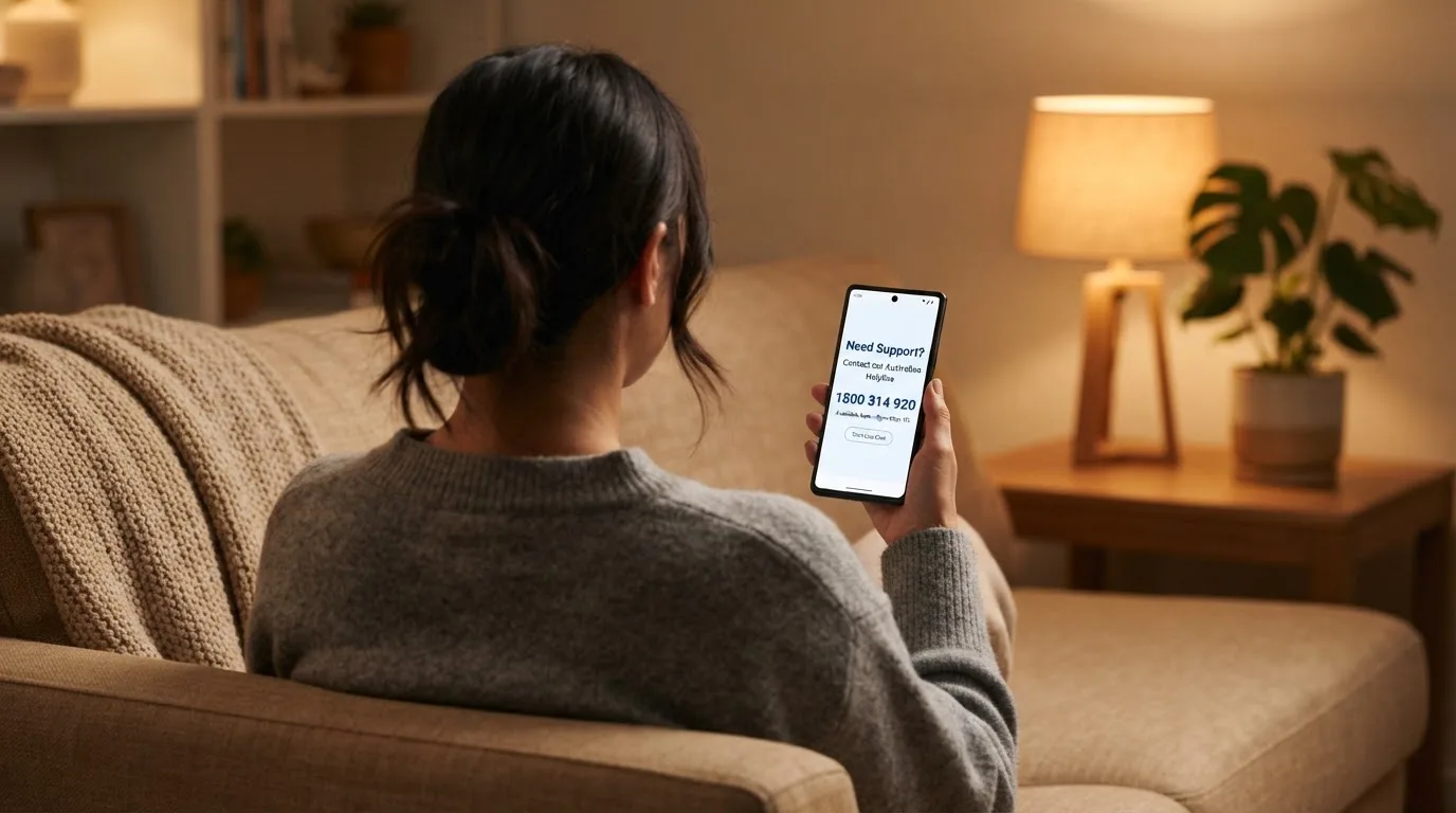 A person sitting calmly with a phone open to a support helpline page, no gaming screen visible.