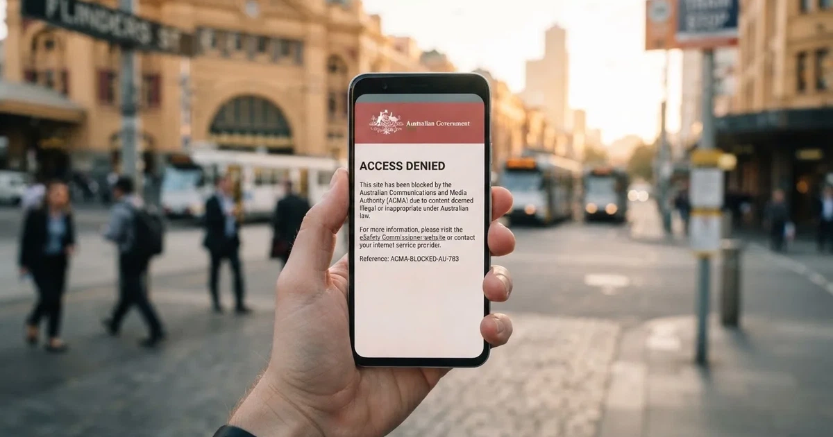 A smartphone screen showing a plain government warning notice about a blocked website, held against a blurred background.