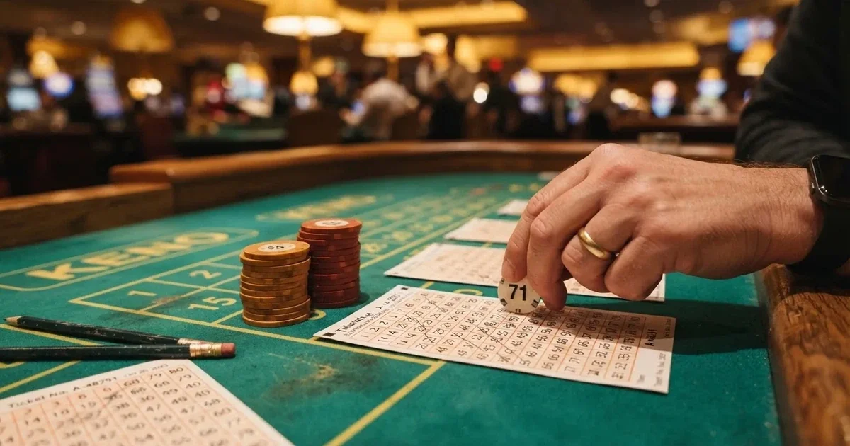 A close-up of a green felt gaming table with cards and chips mid-hand.