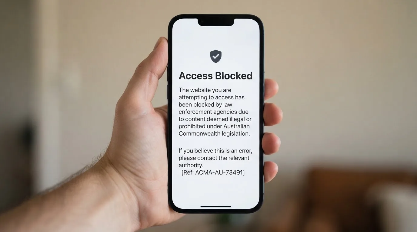 A smartphone screen showing a plain government warning notice about a blocked website, held against a blurred background.