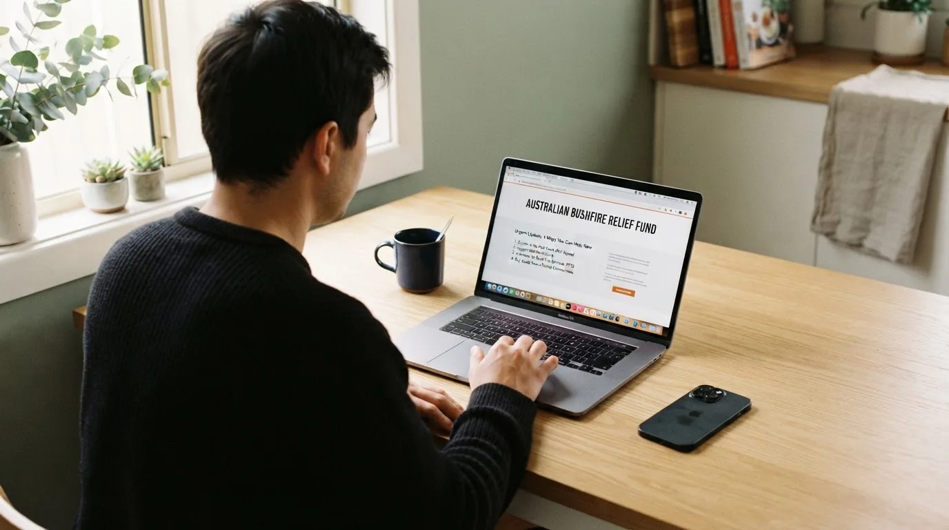 A person at a kitchen table scrolling through review pages on a laptop, phone face-down beside them.