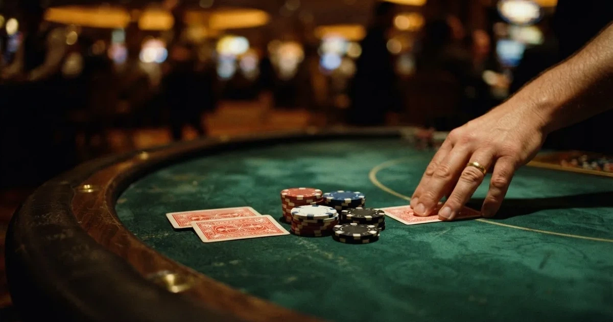A close-up of a green felt gaming table with cards and chips mid-hand.