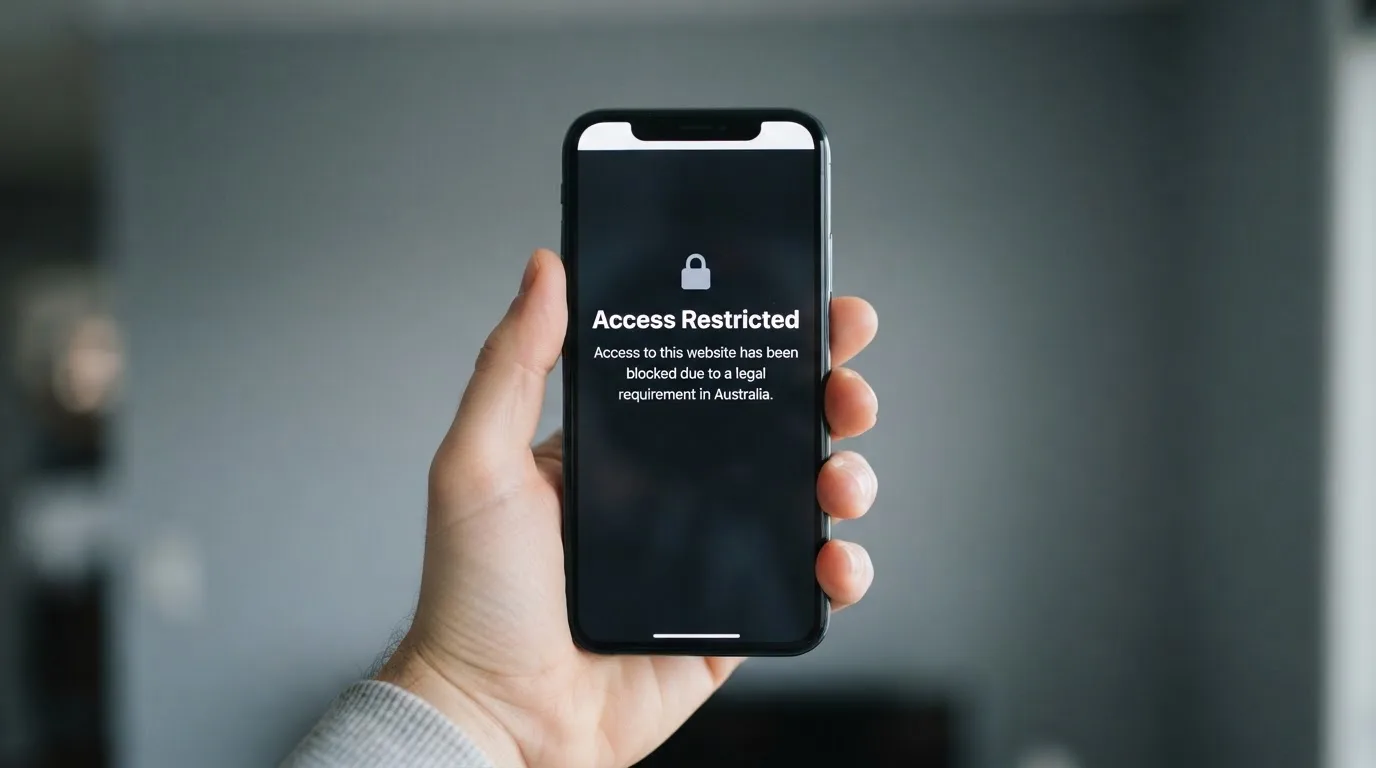 A smartphone screen showing a plain government warning notice about a blocked website, held against a blurred background.