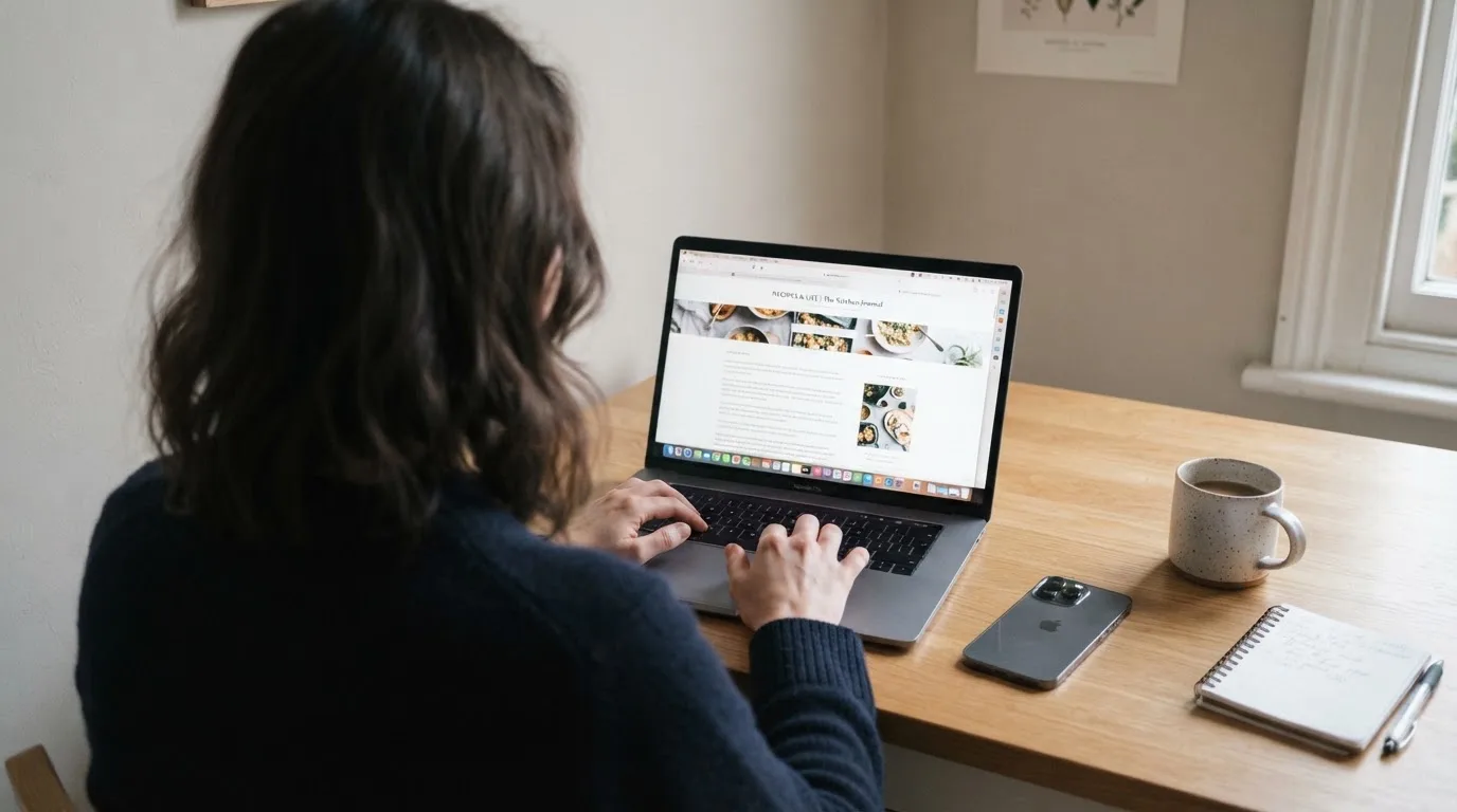 A person at a kitchen table scrolling through review pages on a laptop, phone face-down beside them.