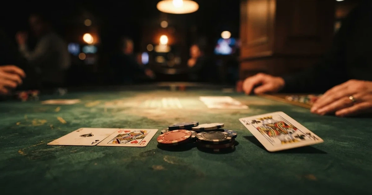 A close-up of a green felt gaming table with cards and chips mid-hand.