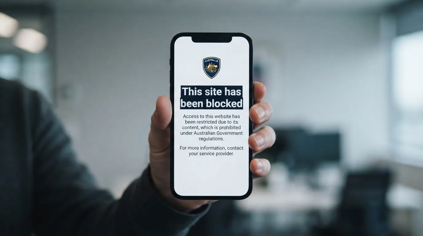 A smartphone screen showing a plain government warning notice about a blocked website, held against a blurred background.