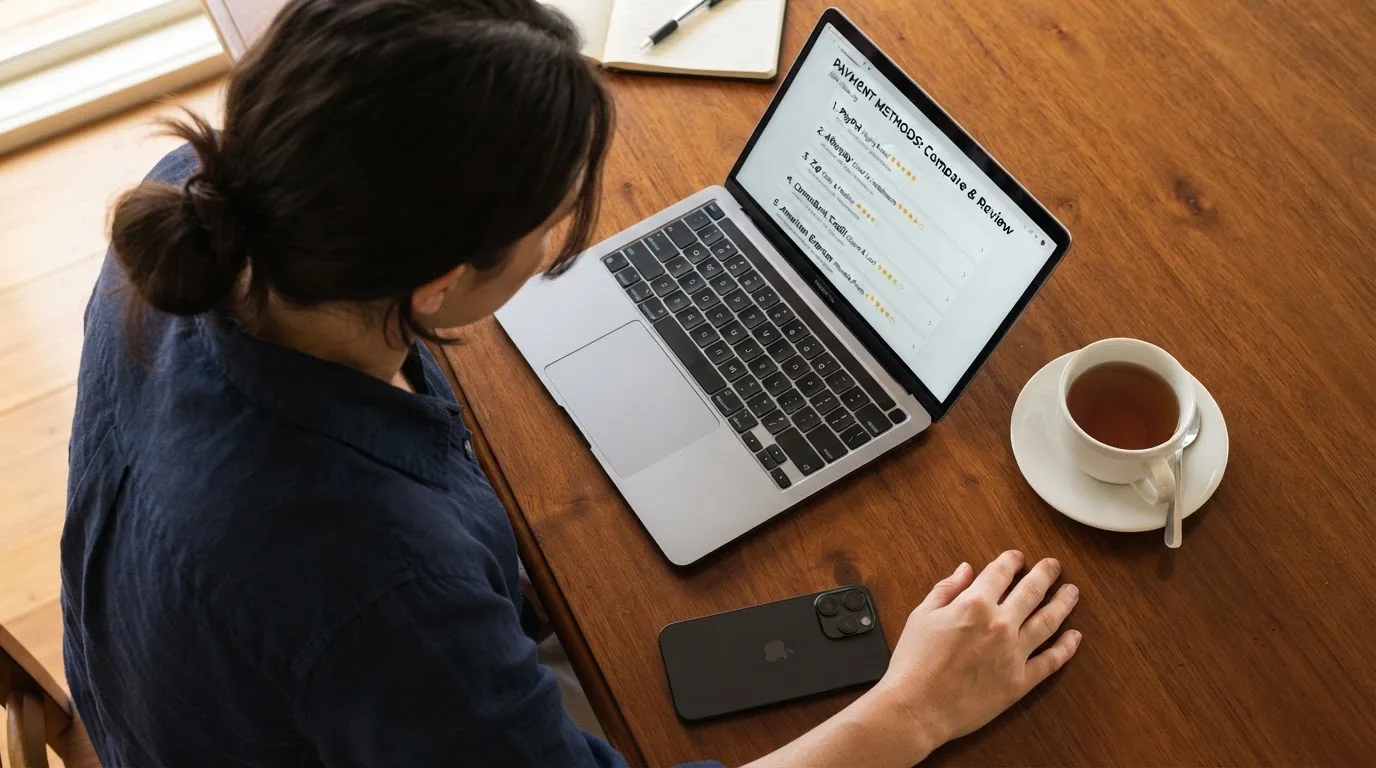 A person at a kitchen table scrolling through review pages on a laptop, phone face-down beside them.