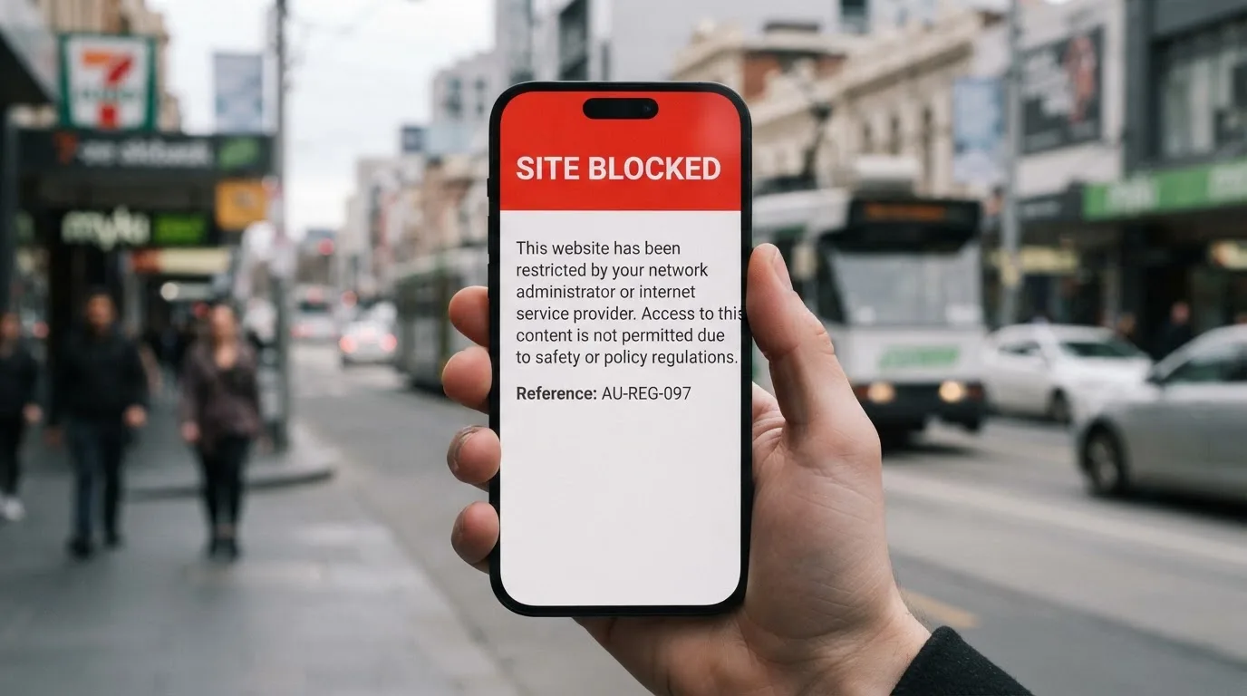 A smartphone screen showing a plain government warning notice about a blocked website, held against a blurred background.