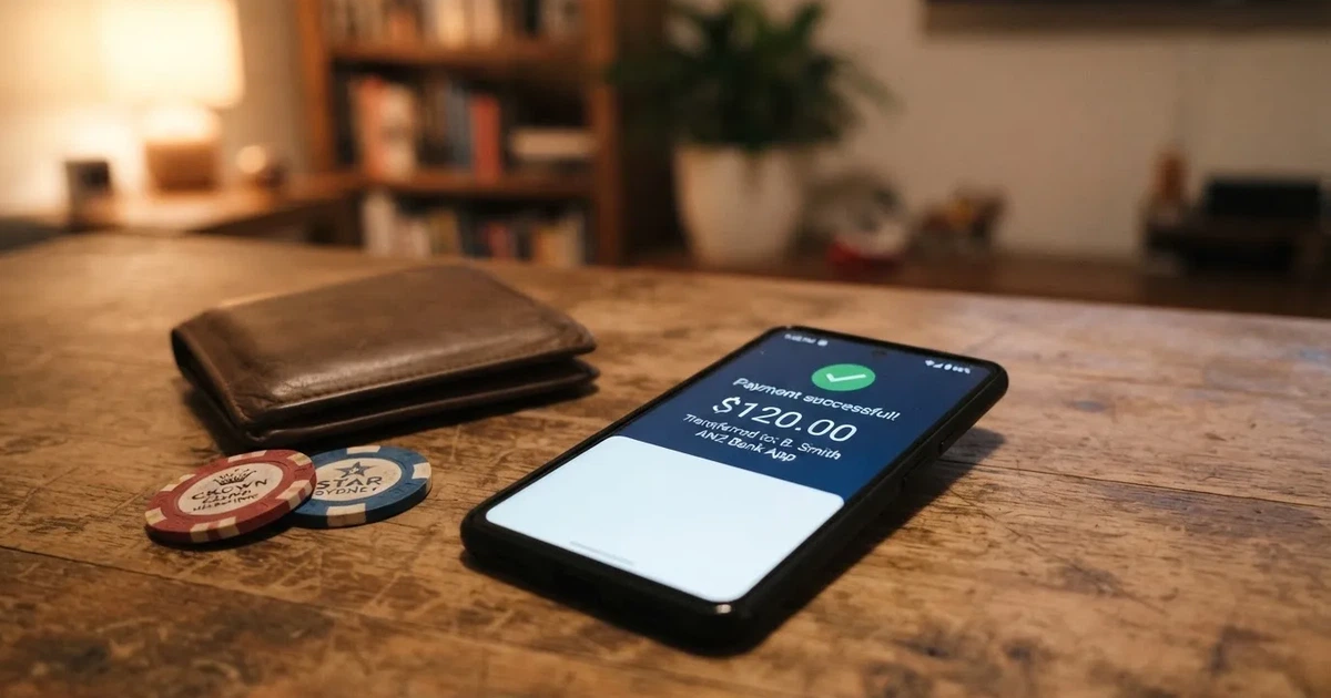 A phone screen showing a bank transfer confirmation, held next to a wallet on a table.