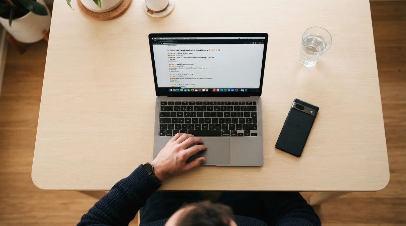 A person at a kitchen table scrolling through review pages on a laptop, phone face-down beside them.