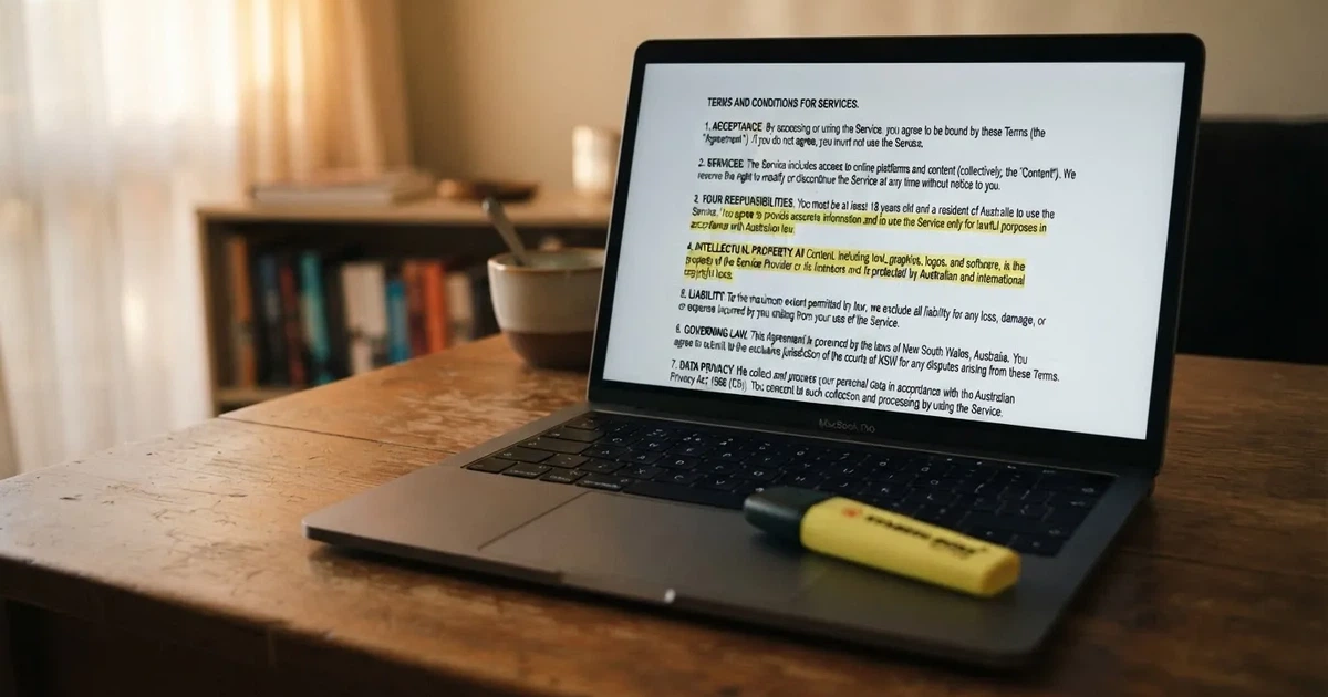 A laptop screen showing a page of terms and conditions text with a highlighter resting nearby.