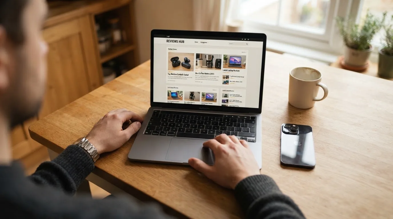 A person at a kitchen table scrolling through review pages on a laptop, phone face-down beside them.