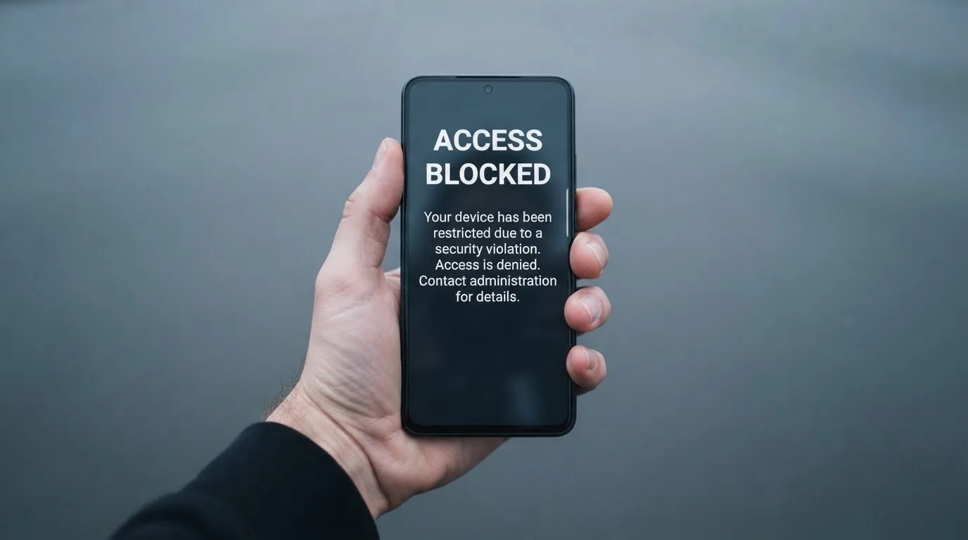 A smartphone screen showing a plain government warning notice about a blocked website, held against a blurred background.