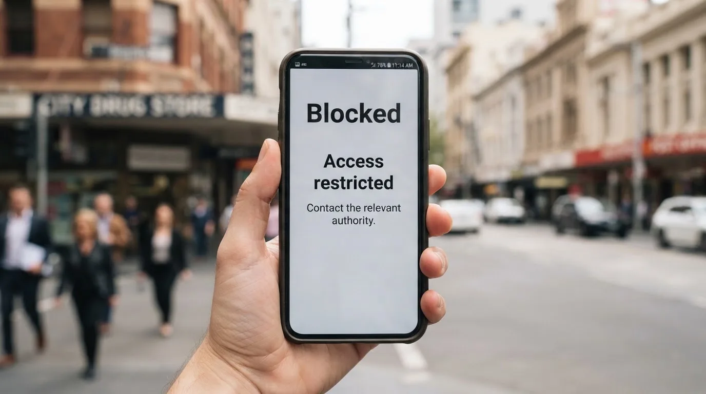 A smartphone screen showing a plain government warning notice about a blocked website, held against a blurred background.