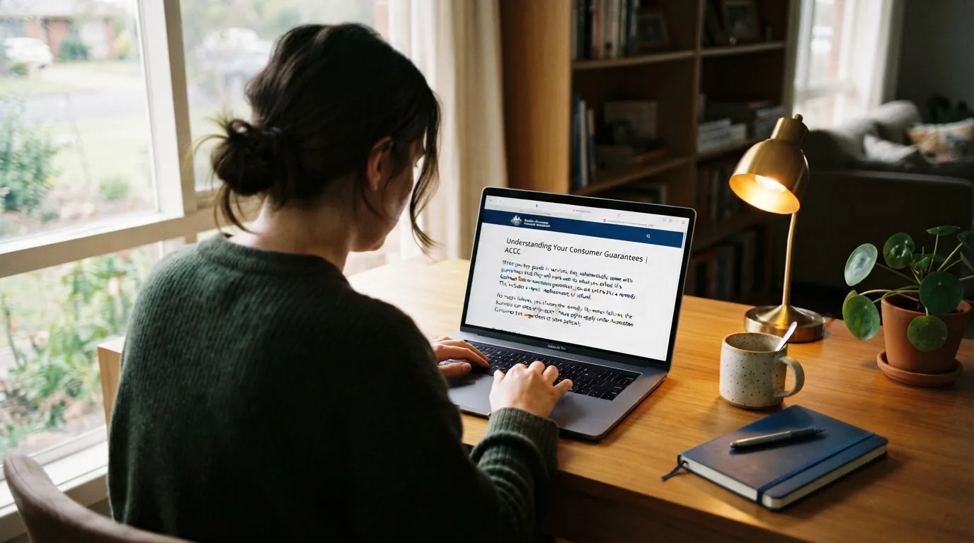 A person at a laptop reading a plain-language explainer article at a home desk.