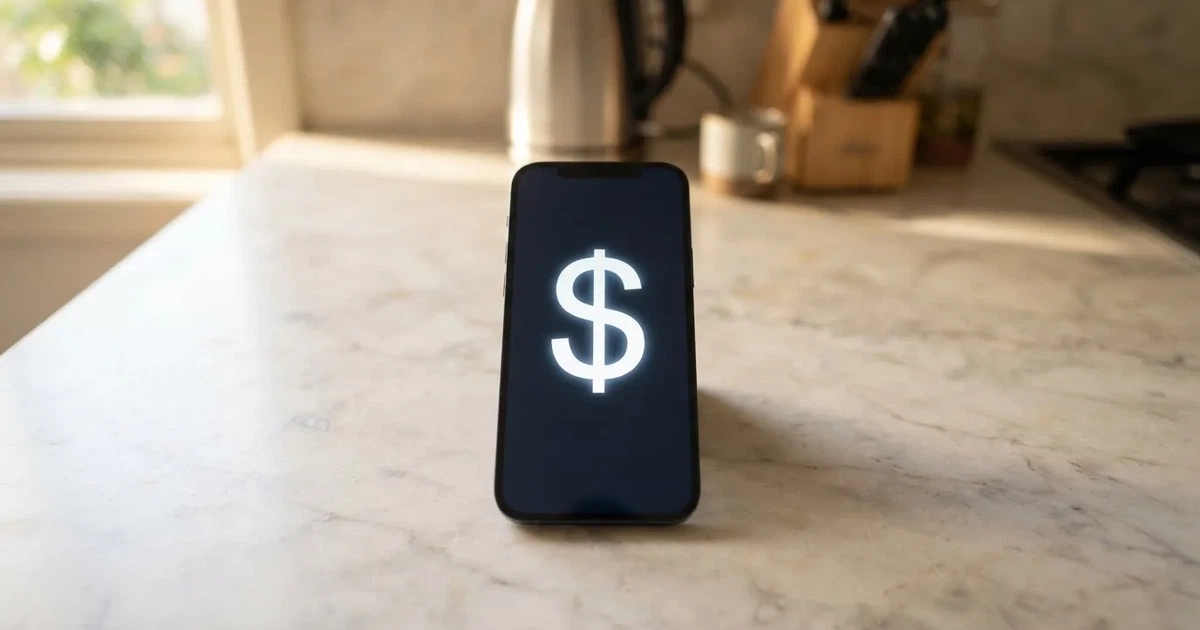 A close-up of a banking app on a smartphone showing a same-day transfer confirmation on a kitchen table.