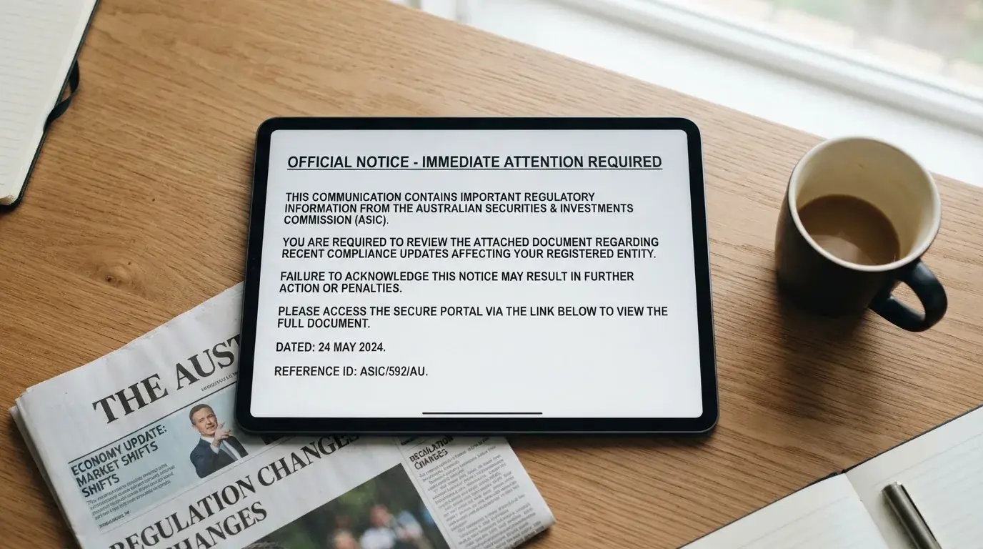 A tablet screen displaying an official regulator warning notice on a desk beside a coffee cup.