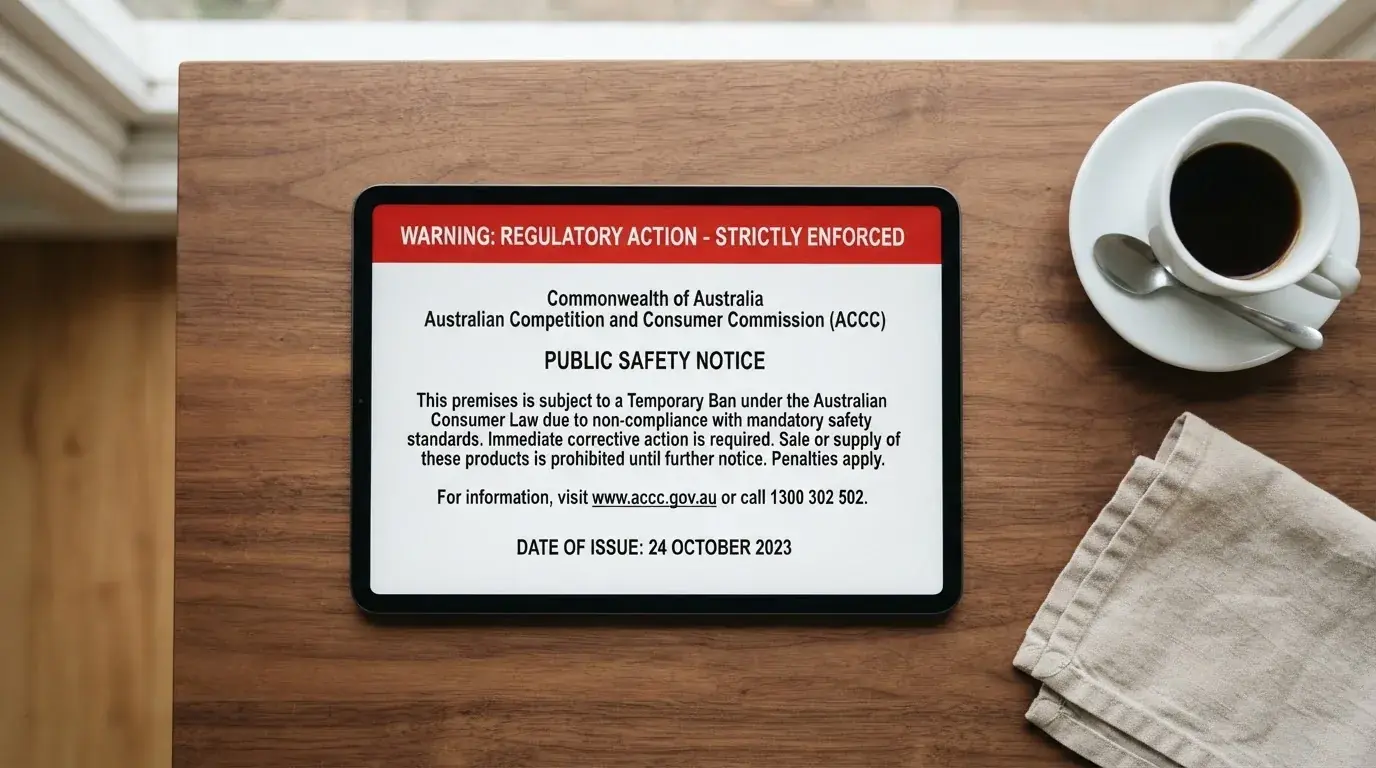 A tablet screen displaying an official regulator warning notice on a desk beside a coffee cup.