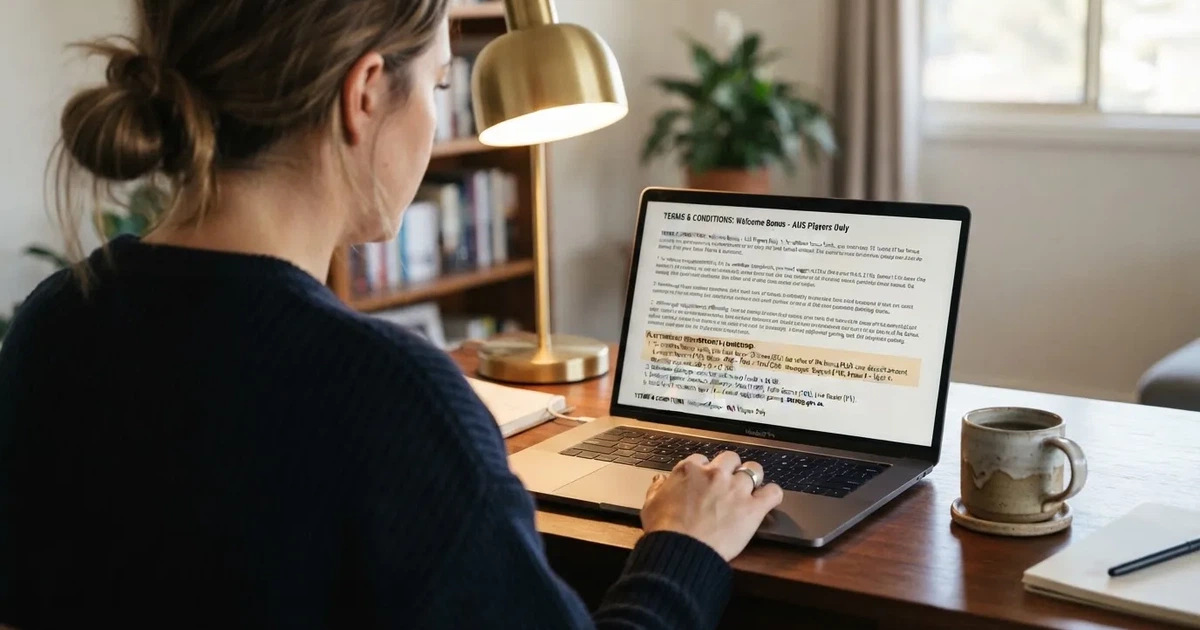 A laptop screen showing a terms-and-conditions page with wagering requirements highlighted.