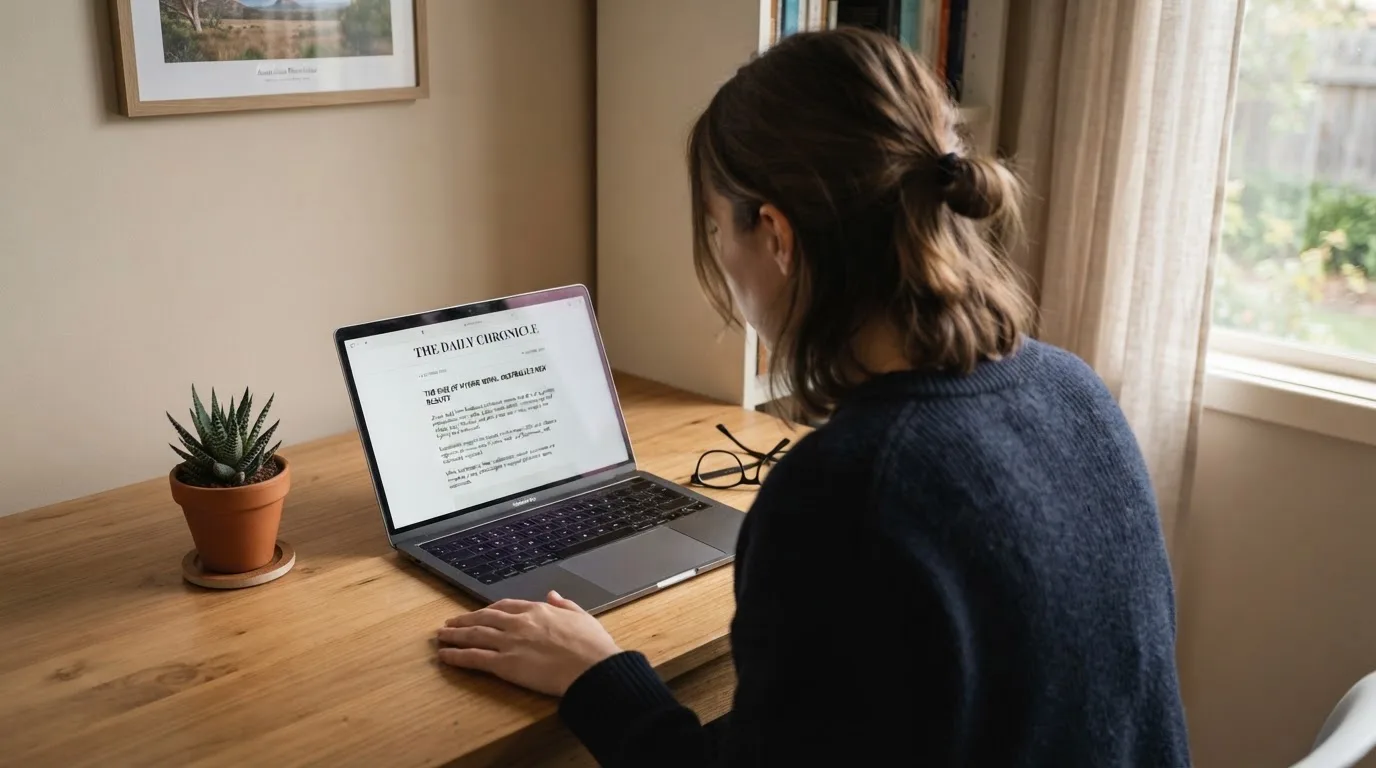 A person at a laptop reading a plain-language explainer article at a home desk.