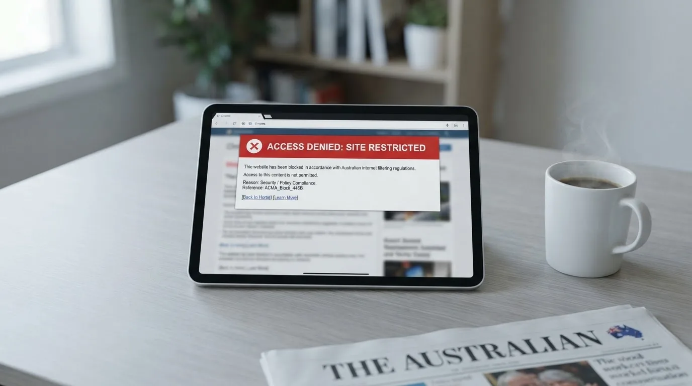 A tablet screen displaying an official regulator warning notice on a desk beside a coffee cup.