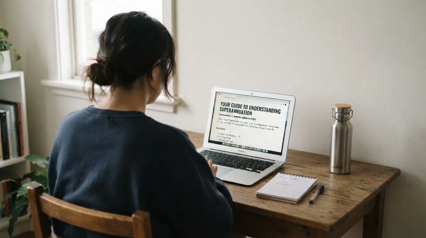 A person at a laptop reading a plain-language explainer article at a home desk.