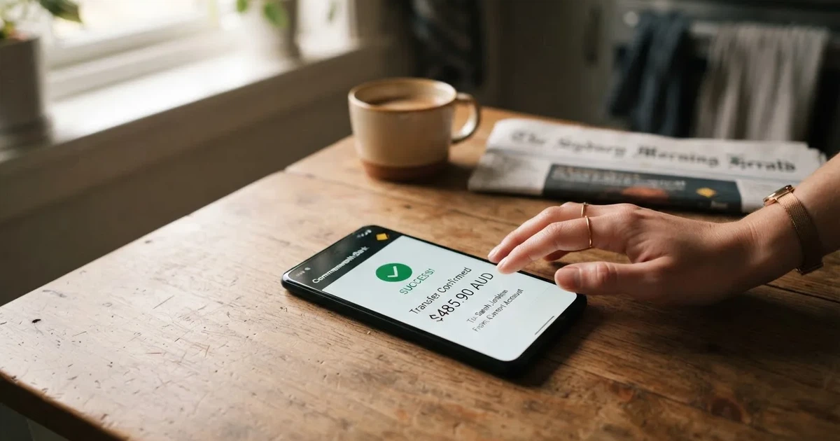 A close-up of a banking app on a smartphone showing a same-day transfer confirmation on a kitchen table.