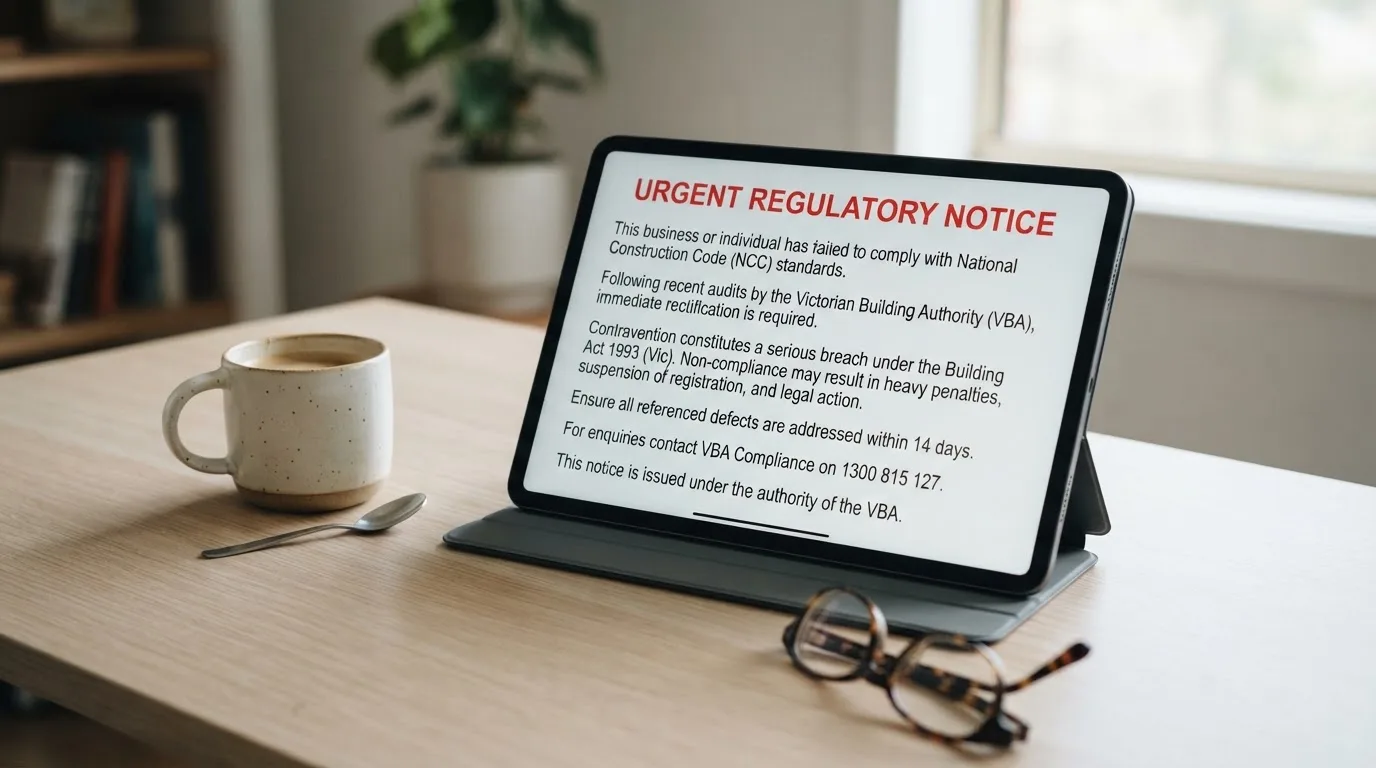 A tablet screen displaying an official regulator warning notice on a desk beside a coffee cup.