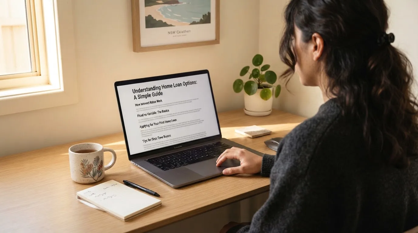 A person at a laptop reading a plain-language explainer article at a home desk.