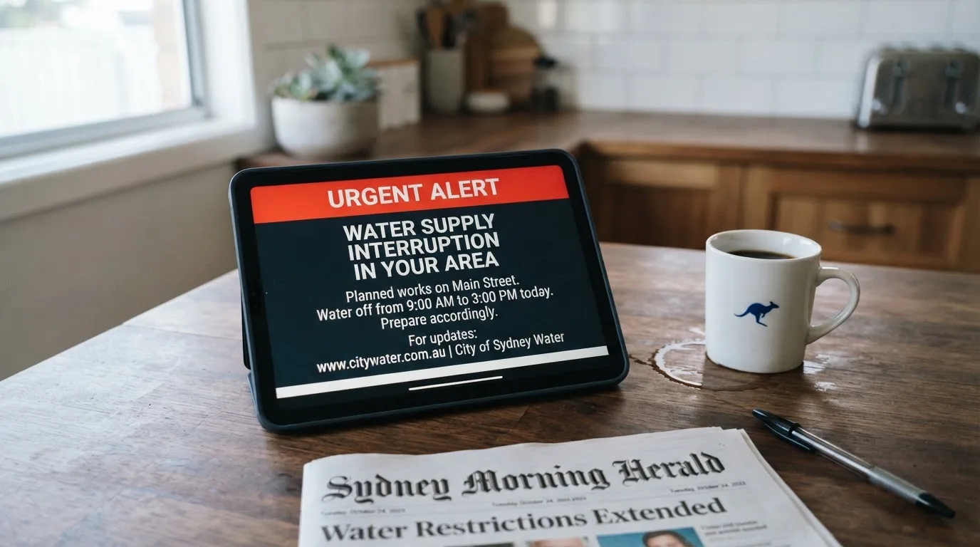 A tablet screen displaying an official regulator warning notice on a desk beside a coffee cup.