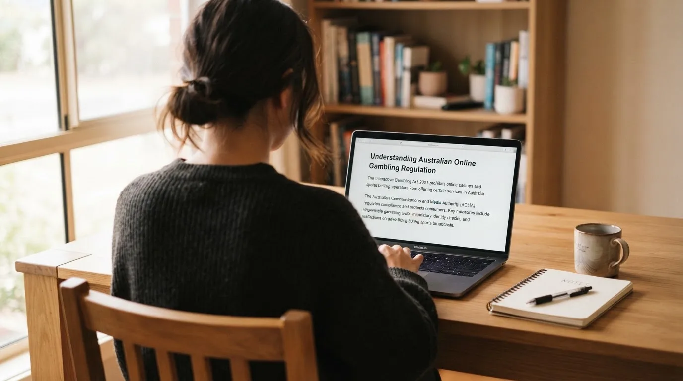 A person at a laptop reading a plain-language explainer article at a home desk.