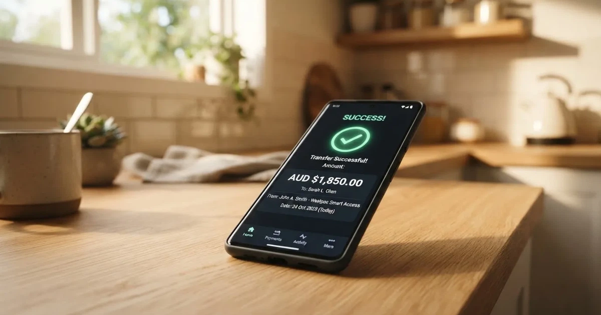 A close-up of a banking app on a smartphone showing a same-day transfer confirmation on a kitchen table.
