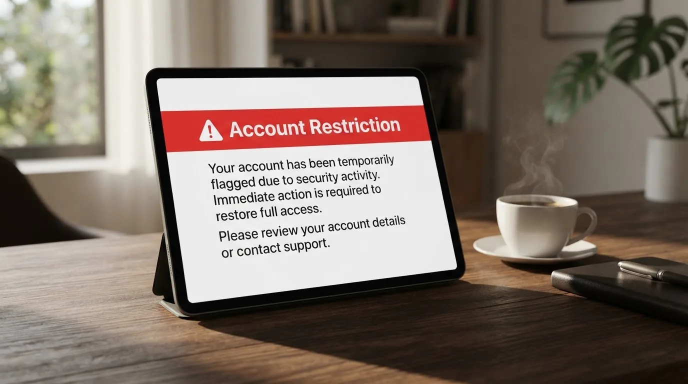 A tablet screen displaying an official regulator warning notice on a desk beside a coffee cup.