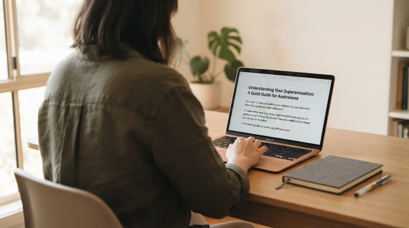 A person at a laptop reading a plain-language explainer article at a home desk.