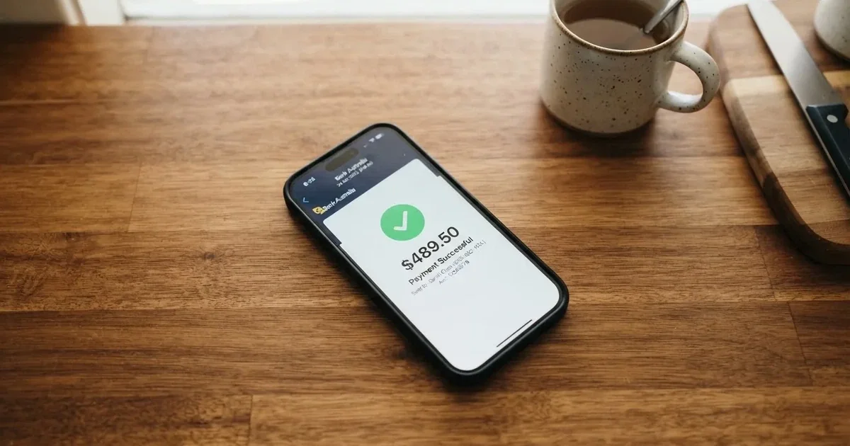 A close-up of a banking app on a smartphone showing a same-day transfer confirmation on a kitchen table.