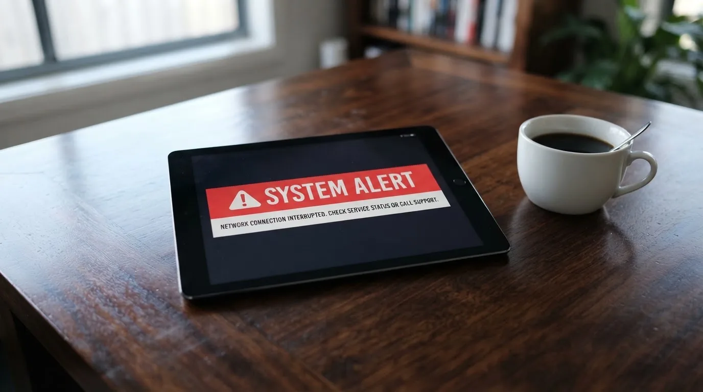 A tablet screen displaying an official regulator warning notice on a desk beside a coffee cup.