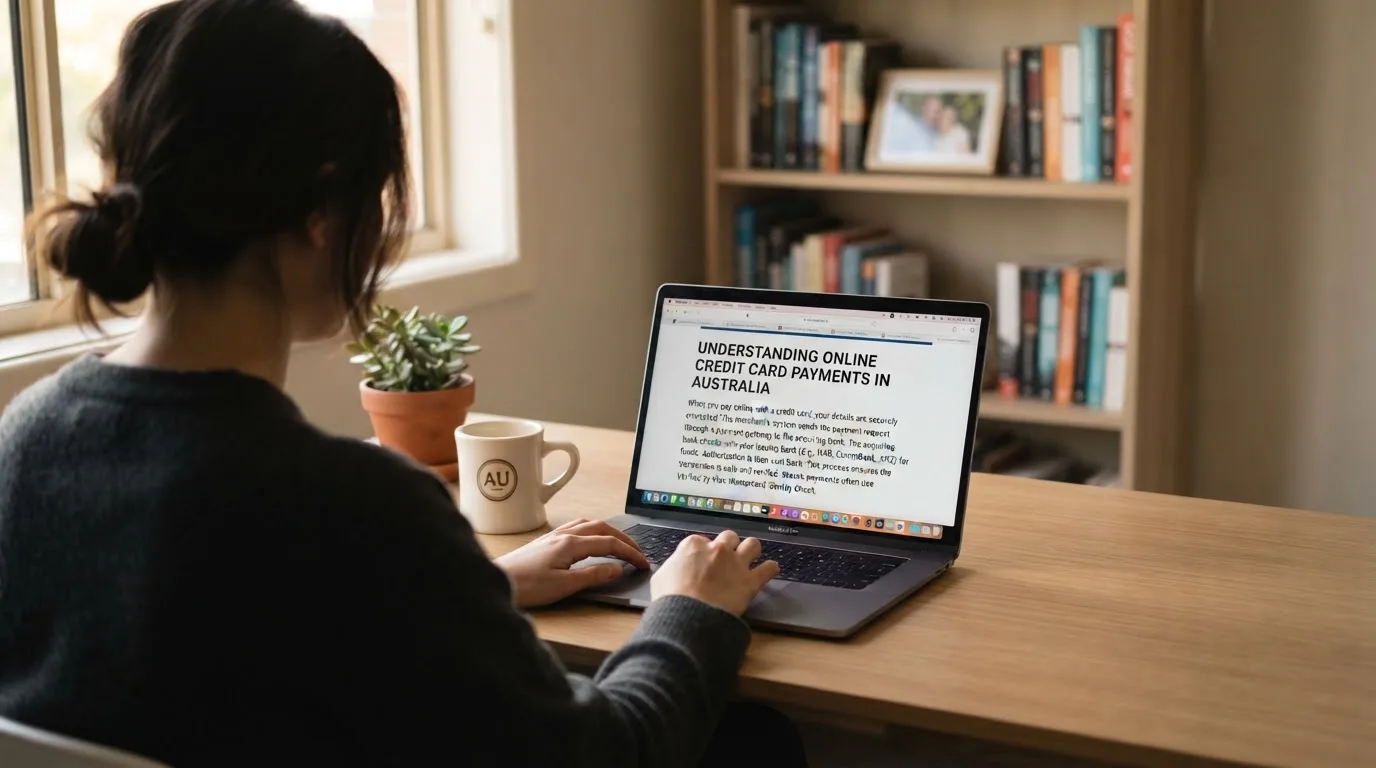A person at a laptop reading a plain-language explainer article at a home desk.