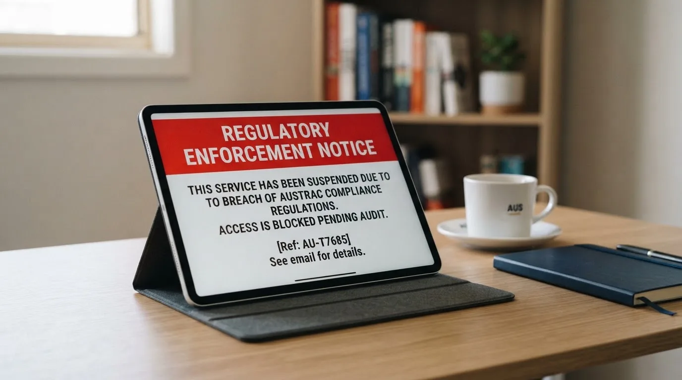 A tablet screen displaying an official regulator warning notice on a desk beside a coffee cup.
