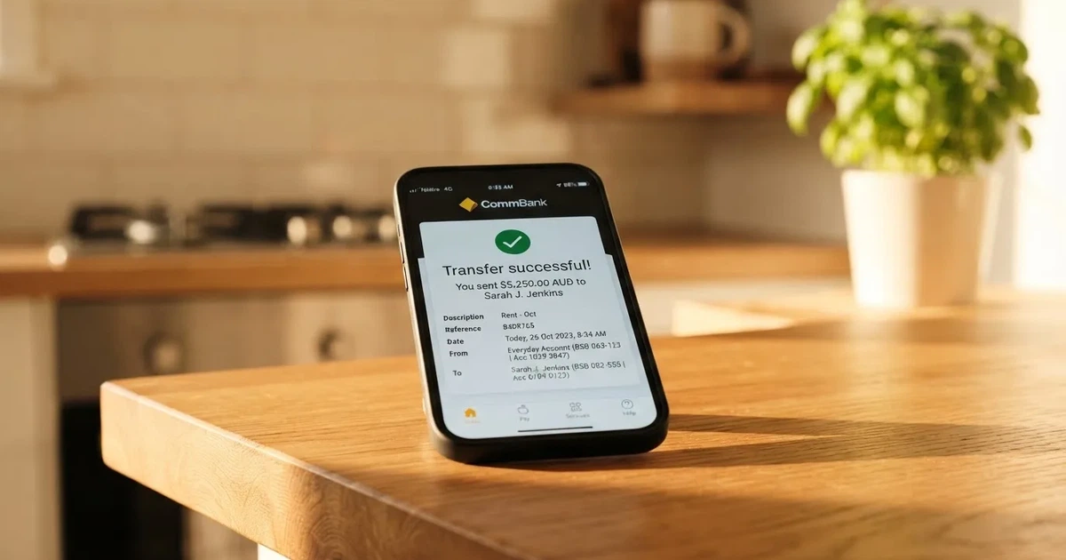 A close-up of a banking app on a smartphone showing a same-day transfer confirmation on a kitchen table.