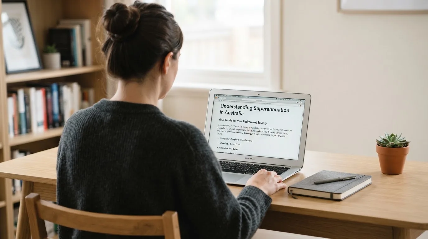 A person at a laptop reading a plain-language explainer article at a home desk.