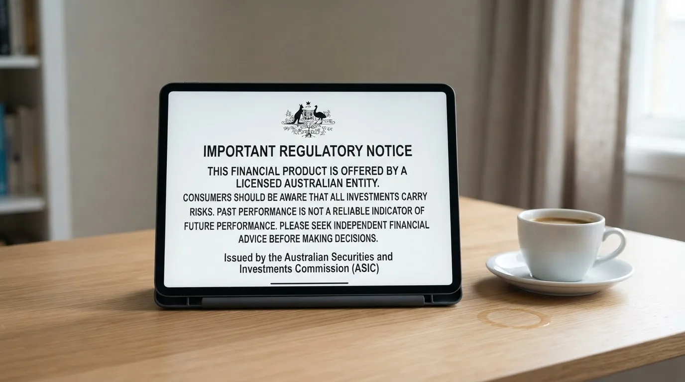 A tablet screen displaying an official regulator warning notice on a desk beside a coffee cup.