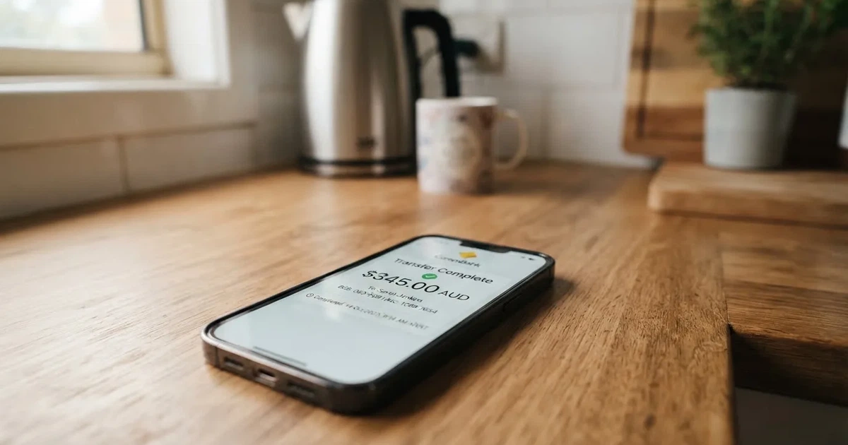 A close-up of a banking app on a smartphone showing a same-day transfer confirmation on a kitchen table.