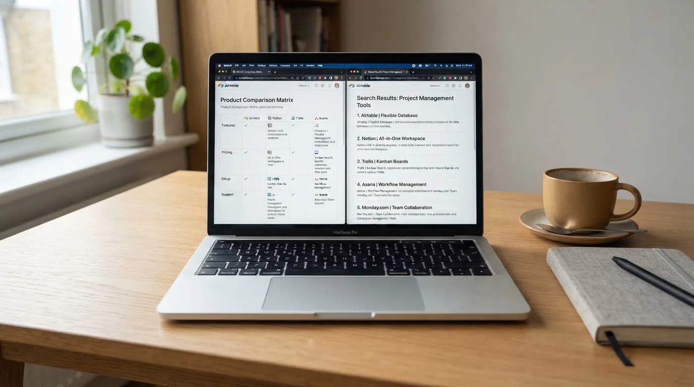 A laptop screen split between two browser tabs, one showing a comparison table and the other a search results page.