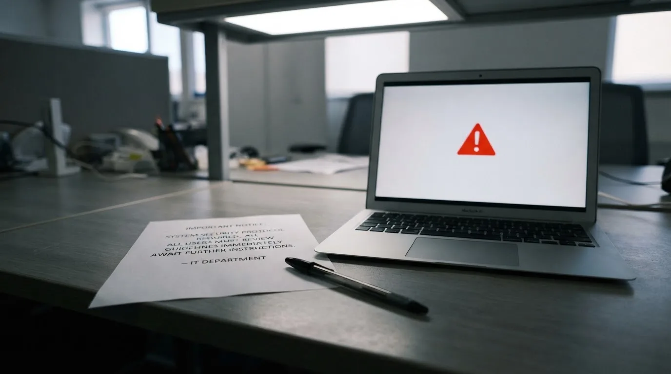 A printed government warning notice on a desk beside a laptop with a red alert icon on the screen.