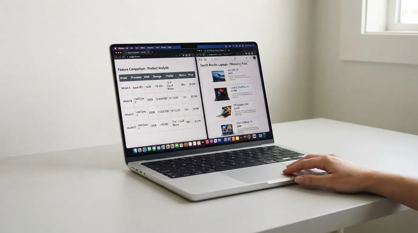 A laptop screen split between two browser tabs, one showing a comparison table and the other a search results page.