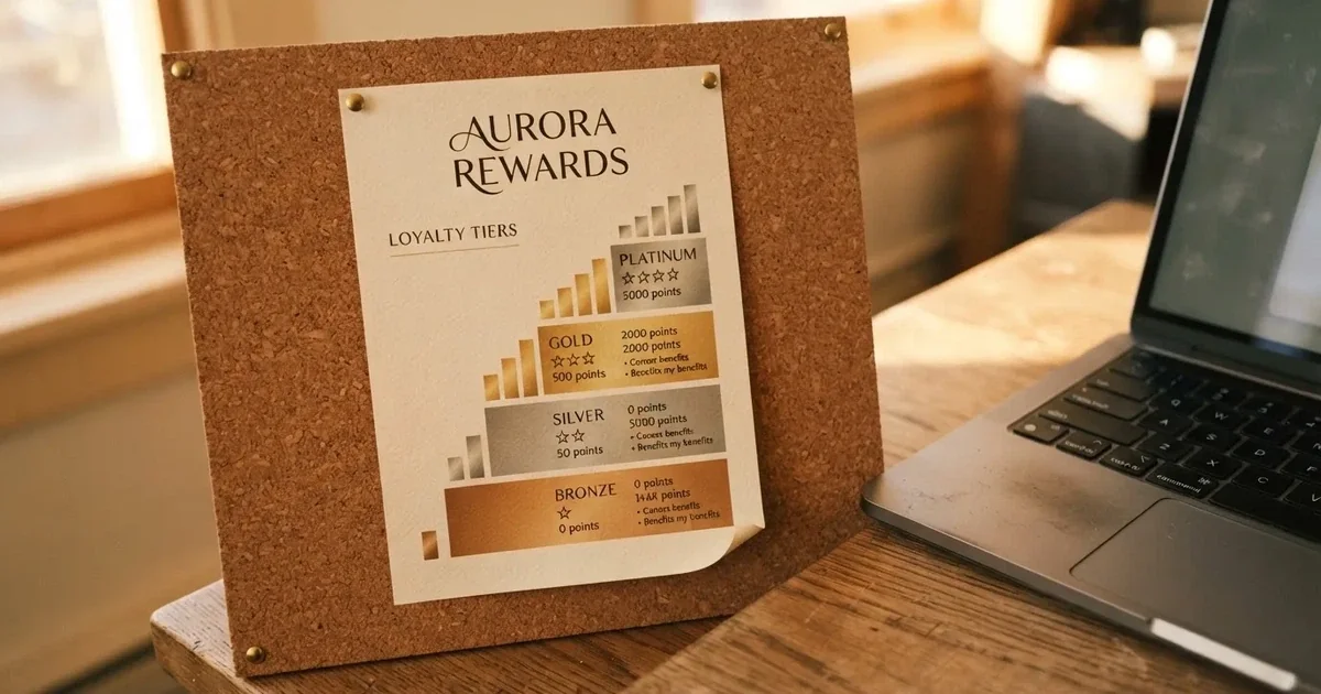 A gold-coloured tier chart pinned to a corkboard next to a laptop keyboard.